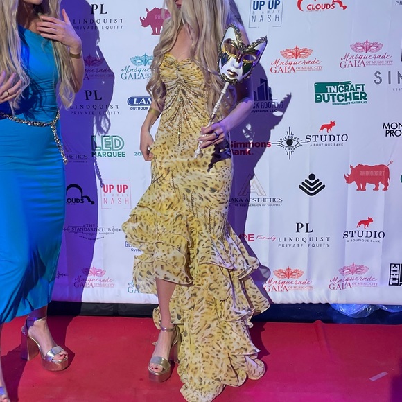 Yellow Evening Dress Gown beaded Roberto cavalli vibes Y2K mermaid style - Picture 12 of 16